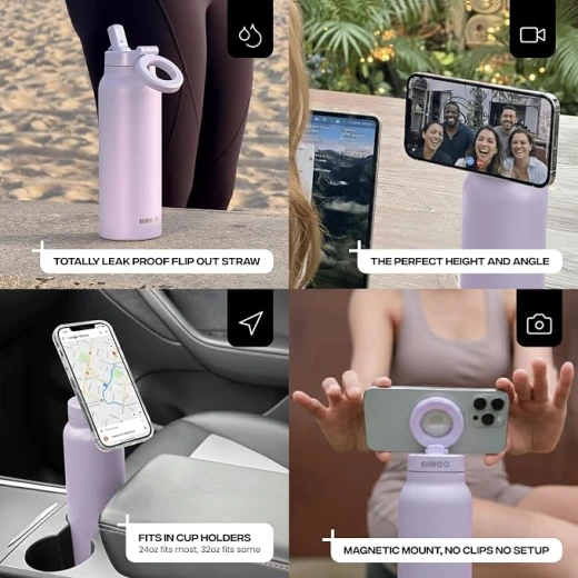 زجاجة مياه رينجو برو 24 أونصة، ستانلس ستيل، حامل هاتف مغناطيسي 360 درجة، متوافقة مع MagSafe، شفاط مانع للتسرب، ليلكي - رينغو - Image 3
