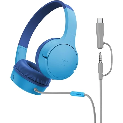 Belkin SoundForm Mini Kids Wired Headphones in Blue with Microphone, 85dB Volume Limit, USB-C to 3.5mm Dongle, Comfortable and Durable Belkin SoundForm Mini Kids Wired Headphones in Blue with Microphone, 85dB Volume Limit, USB-C to 3.5mm Dongle, Comfortable and Durable