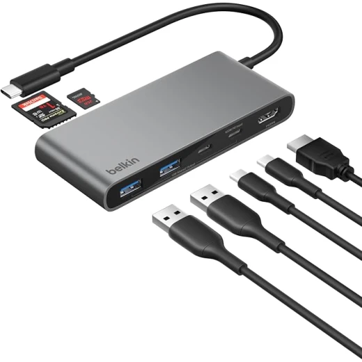 محول بيلكن يو إس بي سي متعدد المنافذ 7 في 1، يدعم HDMI بدقة 4K و60 هرتز، قارئ SD وMicroSD، شحن سريع حتى 100 واط، نقل بيانات بسرعة 5 جيجابت في الثانية، باللون الرمادي محول بيلكن يو إس بي سي متعدد المنافذ 7 في 1، يدعم HDMI بدقة 4K و60 هرتز، قارئ SD وMicroSD، شحن سريع حتى 100 واط، نقل بيانات بسرعة 5 جيجابت في الثانية، باللون الرمادي