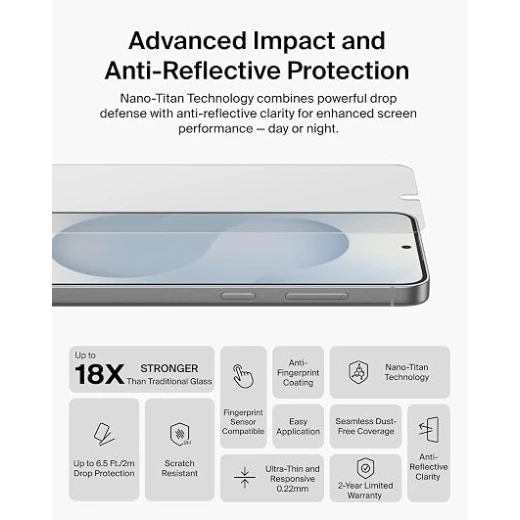 واقي شاشة بيلكن ScreenForce Titan SmartShield لهاتف سامسونج جالكسي S26+، مضاد للانعكاس والخدوش والصدمات، صلابة 9H، مضاد للبصمات، زجاج فائق النحافة 0.22 مم - بيلكين - Image 5