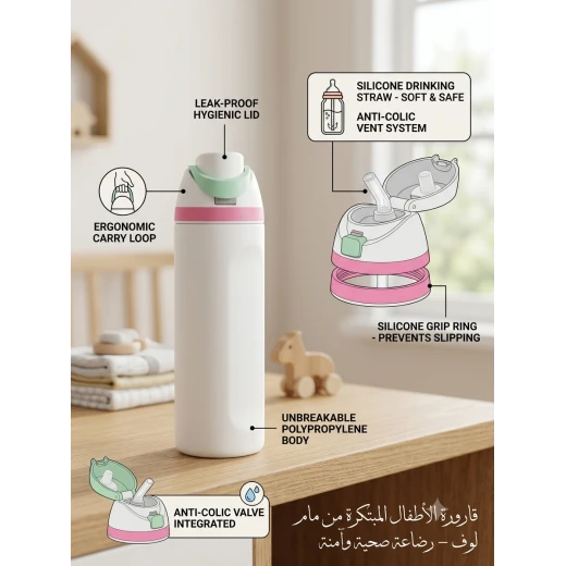 Cream Kids Water Bottle 850ml with Triple-Wall Vacuum Insulation, Leak-Proof Lid, BPA-Free Silicone Straw, Anti-Colic Vent, Carry Loop and Non-Slip Base - Image 2