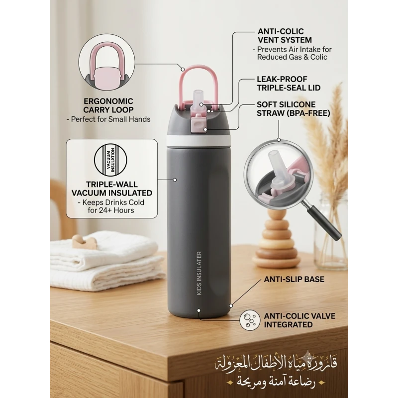 قارورة مياه أطفال معزولة حراريًا بغطاء مانع للتسرب وشفاطة سيليكون خالية من BPA، نظام مضاد للمغص، حلقة حمل مريحة وقاعدة مانعة للانزلاق