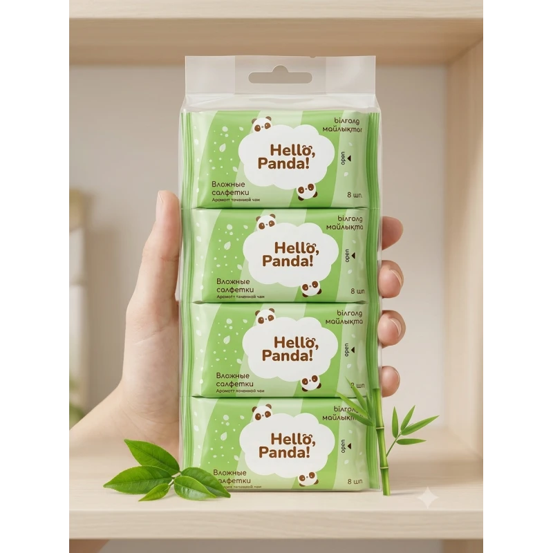 مناديل مبللة صغيرة Hello Panda برائحة الشاي الأخضر، مناديل تنظيف محمولة بحجم ميني، عبوة عملية للاستخدام اليومي والسفر والحقيبة والمدرسة