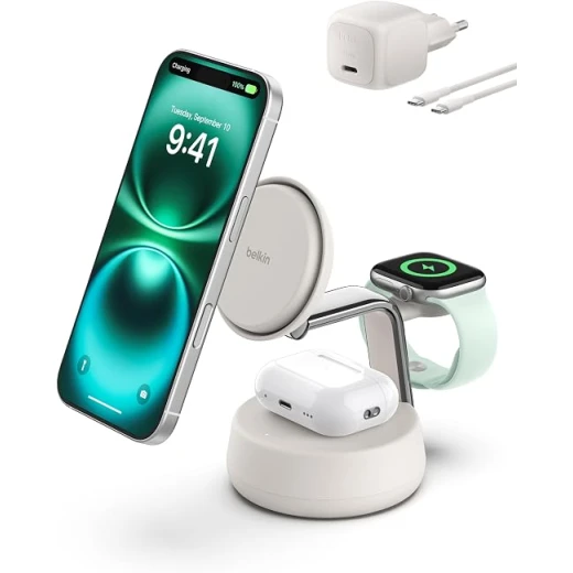 Belkin UltraCharge Pro محطة شحن لاسلكية 3 في 1 بقدرة 25 واط، معتمدة Qi2.2 ومتوافقة مع MagSafe، شحن iPhone وApple Watch وAirPods، تبريد نشط Belkin UltraCharge Pro محطة شحن لاسلكية 3 في 1 بقدرة 25 واط، معتمدة Qi2.2 ومتوافقة مع MagSafe، شحن iPhone وApple Watch وAirPods، تبريد نشط