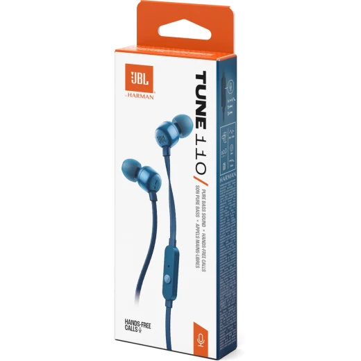 JBL Tune 110 سماعات أذن سلكية داخل الأذن، صوت JBL Pure Bass، محركات 9 مم، ميكروفون مدمج، تحكم بزر واحد، أزرق