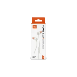 سماعات أذن سلكية داخل الأذن JBL Tune 110، صوت JBL Pure Bass، محركات 9 مم، ميكروفون مدمج، تحكم بزر واحد، أبيض