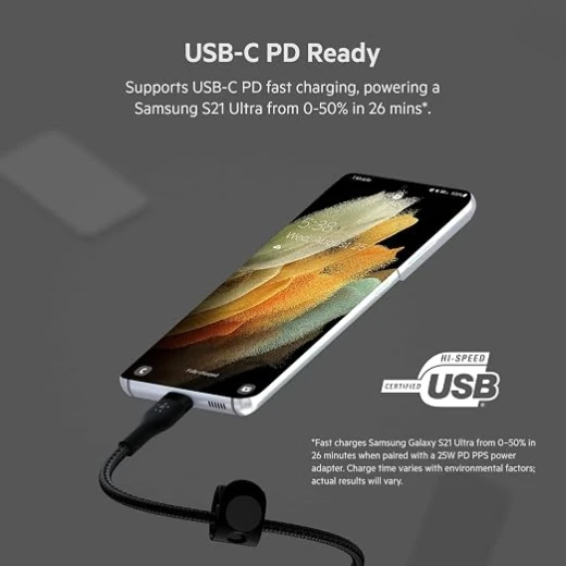 كابل شحن بيلكن فاست تشارج برو فليكس مضفر USB-C، يدعم Power Delivery، معتمد USB-IF، شحن سريع، بطول 1 متر، أسود - بيلكين - Image 2
