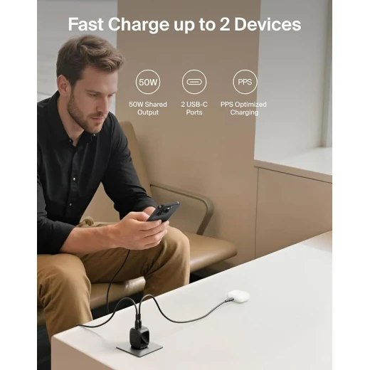 شاحن Belkin USB ثنائي المنافذ بقدرة 50 واط، شاحن GaN بمنفذي USB-C، شحن سريع للـ MacBook وiPhone 17 وiPad Pro وChromebook وGalaxy S25 Ultra وPixel 10، مناسب للسفر - بيلكين - Image 2
