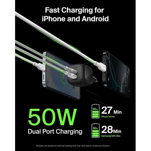 شاحن Belkin USB ثنائي المنافذ بقدرة 50 واط، شاحن GaN بمنفذي USB-C، شحن سريع للـ MacBook وiPhone 17 وiPad Pro وChromebook وGalaxy S25 Ultra وPixel 10، مناسب للسفر - بيلكين - Image 5