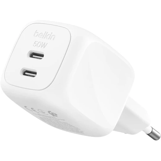 شاحن Belkin USB ثنائي المنافذ بقدرة 50 واط، شاحن GaN بمنفذي USB-C، شحن سريع، مناسب للـ MacBook وiPhone وiPad وChromebook وSamsung Galaxy وPixel، أبيض
