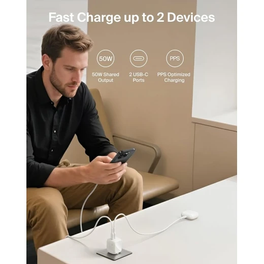شاحن Belkin USB ثنائي المنافذ بقدرة 50 واط، شاحن GaN بمنفذي USB-C، شحن سريع، مناسب للـ MacBook وiPhone وiPad وChromebook وSamsung Galaxy وPixel، أبيض - بيلكين - Image 3