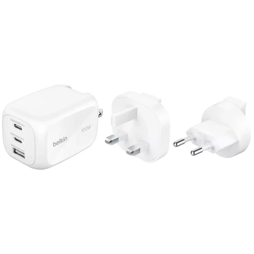 شاحن حائط Belkin بثلاثة منافذ USB-C بقدرة 100 واط، تقنية GaN، منفذا USB-C ومنفذ USB-A، مع مقابس EU وUK وUS قابلة للتبديل، شحن سريع لأجهزة MacBook وiPhone وiPad Pro وSamsung Galaxy وGoogle Pixel، أبيض شاحن حائط Belkin بثلاثة منافذ USB-C بقدرة 100 واط، تقنية GaN، منفذا USB-C ومنفذ USB-A، مع مقابس EU وUK وUS قابلة للتبديل، شحن سريع لأجهزة MacBook وiPhone وiPad Pro وSamsung Galaxy وGoogle Pixel، أبيض