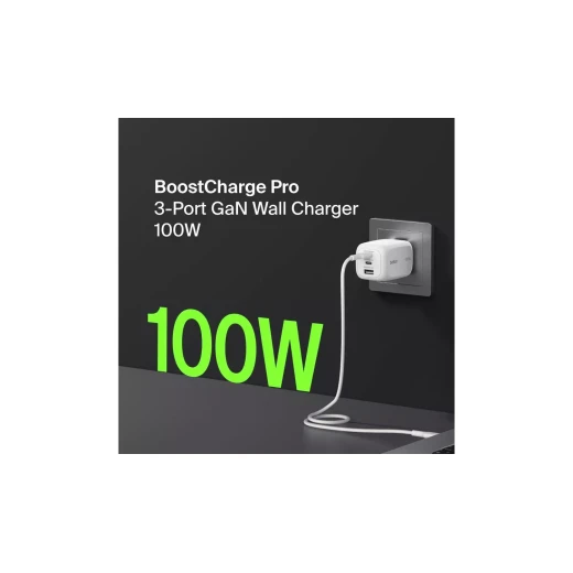 شاحن حائط Belkin بثلاثة منافذ USB-C بقدرة 100 واط، تقنية GaN، منفذا USB-C ومنفذ USB-A، مع مقابس EU وUK وUS قابلة للتبديل، شحن سريع لأجهزة MacBook وiPhone وiPad Pro وSamsung Galaxy وGoogle Pixel، أبيض - بيلكين - Image 2