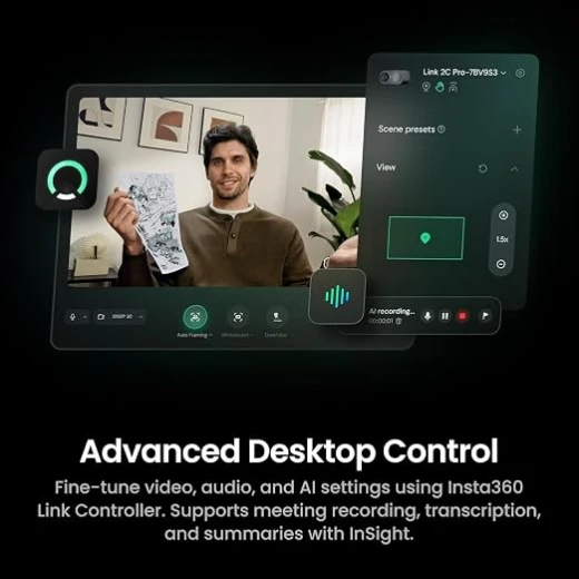 إنستا 360 لينك 2 برو كاميرا ويب ذكية بدقة 4K، مستشعر 1/1.3 بوصة، تتبع بالذكاء الاصطناعي وتأطير تلقائي، ميكروفونان مع تقليل الضوضاء، تحكم بالإيماءات، أسود جرافيتي - انستا 360 - Image 2