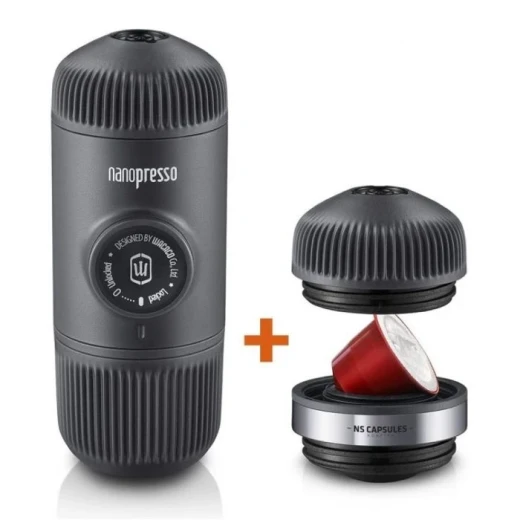 ماكينة إسبرسو محمولة Wacaco Nanopresso باللون الأسود مع NS Adapter، ضغط 18 بار، خفيفة 336 جم، للقهوة المطحونة وكبسولات NS ماكينة إسبرسو محمولة Wacaco Nanopresso باللون الأسود مع NS Adapter، ضغط 18 بار، خفيفة 336 جم، للقهوة المطحونة وكبسولات NS