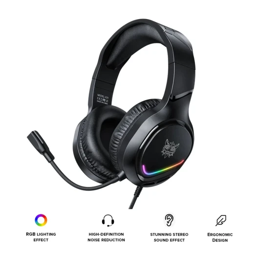 سماعة ألعاب ONIKUMA X31 سلكية بإضاءة RGB، مكبرات صوت 50 مم، ميكروفون بخاصية تقليل الضوضاء، اتصال USB و3.5 مم، كابل 2.2 متر، أسود - أونيكوما - Image 4