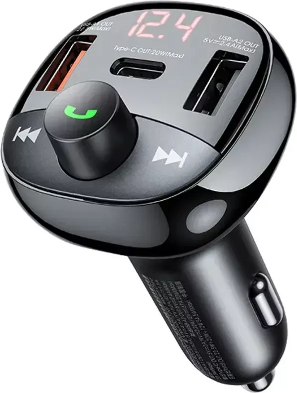 شاحن سيارة ريماكس RCC331 متعدد الوظائف بقدرة 54.5 واط PD وQC مع Bluetooth وFM Transmitter ومنفذ USB وUSB-C ومشغل MicroSD - ريماكس
