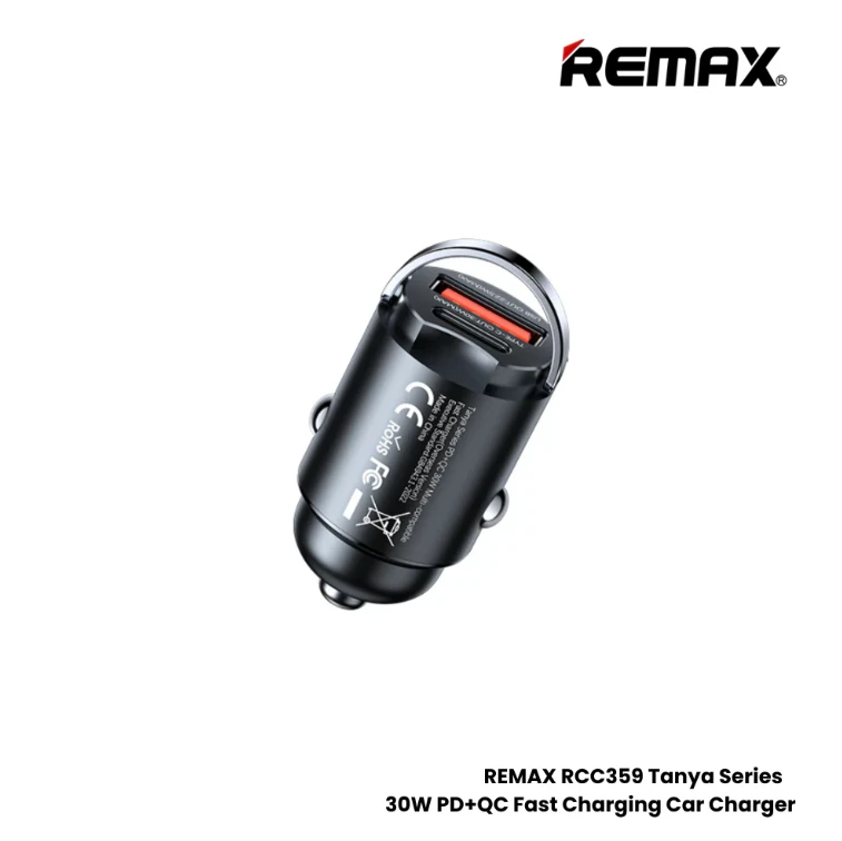 شاحن سيارة ريماكس RCC359 فائق الصغر 30 واط بمنفذي USB-C وUSB-A مع PD وQC وشحن سريع للسيارات وSUV والشاحنات - ريماكس