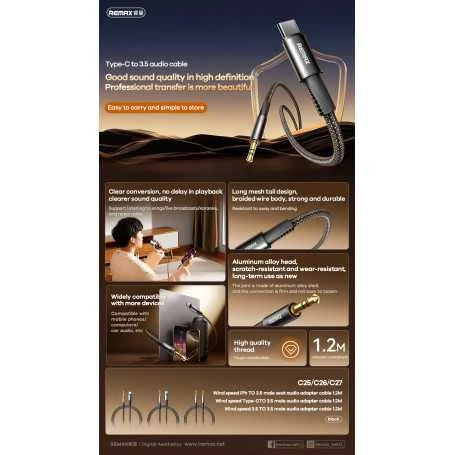 محول صوت ريماكس C25 من Lightning إلى 3.5mm Jack بطول 1.2 متر بتصميم مضفر وجودة صوت عالية للآيفون والآيباد باللون الأسود - ريماكس - Image 2