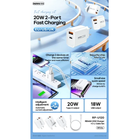 طقم شاحن ريماكس Kiddy Series RP-U120 بقدرة 20 واط USB وUSB-C مع كابل Type-C وكابل Lightning وقابس EU باللون الأبيض - ريماكس - Image 3