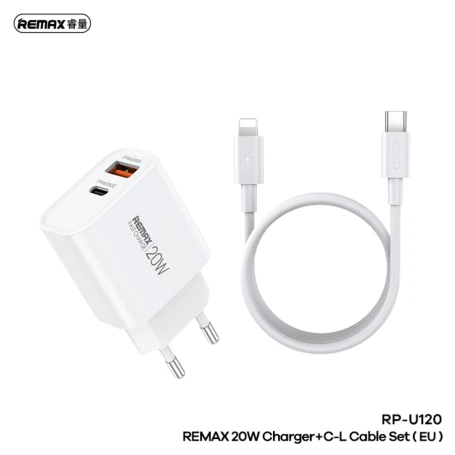 طقم شاحن ريماكس Kiddy Series RP-U120 بقدرة 20 واط USB وUSB-C مع كابل Type-C وكابل Lightning وقابس EU باللون الأبيض - ريماكس - Image 2