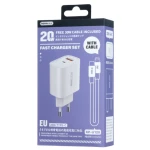 طقم شاحن ريماكس Kiddy Series RP-U120 بقدرة 20 واط USB وUSB-C مع كابل Type-C وكابل Lightning وقابس EU باللون الأبيض - ريماكس