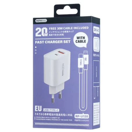 طقم شاحن ريماكس Kiddy Series RP-U120 بقدرة 20 واط USB وUSB-C مع كابل Type-C وكابل Lightning وقابس EU باللون الأبيض طقم شاحن ريماكس Kiddy Series RP-U120 بقدرة 20 واط USB وUSB-C مع كابل Type-C وكابل Lightning وقابس EU باللون الأبيض
