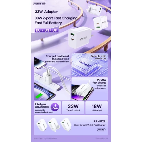 شاحن حائط ريماكس Kiddy Series RP-U122 بقدرة 33 واط USB وUSB-C للشحن السريع مع منفذين وتصميم مدمج وقابس EU أبيض - ريماكس - Image 3