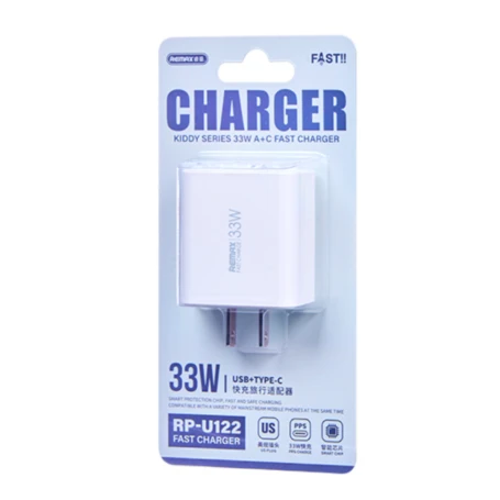 شاحن حائط ريماكس Kiddy Series RP-U122 بقدرة 33 واط USB وUSB-C للشحن السريع مع منفذين وتصميم مدمج وقابس EU أبيض شاحن حائط ريماكس Kiddy Series RP-U122 بقدرة 33 واط USB وUSB-C للشحن السريع مع منفذين وتصميم مدمج وقابس EU أبيض