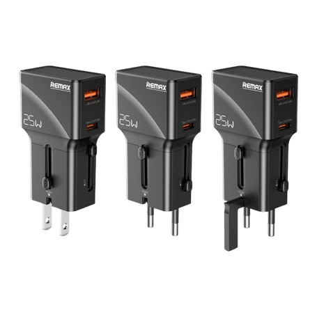 شاحن REMAX CM03 بقوة 25W بتقنية GaN ومنفذ USB-C، شاحن عالمي بفيش UK وEU وUS وAU، سريع ومدمج وآمن، باللون الأسود للسفر والاستخدام اليومي - ريماكس - Image 2