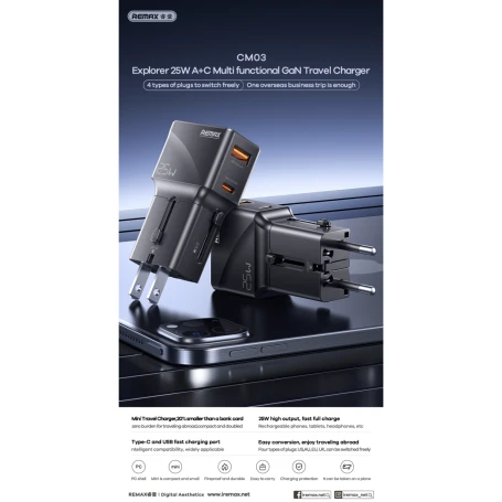 شاحن REMAX CM03 بقوة 25W بتقنية GaN ومنفذ USB-C، شاحن عالمي بفيش UK وEU وUS وAU، سريع ومدمج وآمن، باللون الأسود للسفر والاستخدام اليومي - ريماكس - Image 4