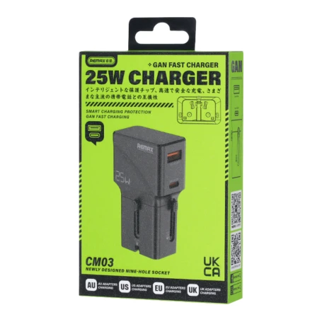 شاحن REMAX CM03 بقوة 25W بتقنية GaN ومنفذ USB-C، شاحن عالمي بفيش UK وEU وUS وAU، سريع ومدمج وآمن، باللون الأسود للسفر والاستخدام اليومي شاحن REMAX CM03 بقوة 25W بتقنية GaN ومنفذ USB-C، شاحن عالمي بفيش UK وEU وUS وAU، سريع ومدمج وآمن، باللون الأسود للسفر والاستخدام اليومي