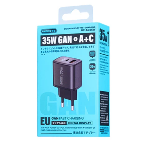 شاحن REMAX U2-AC35W سريع بتقنية GaN بقوة 35W، منافذ USB وType-C، شاشة رقمية لمراقبة الشحن، تصميم مدمج وأنيق، فيشة EU، باللون الفضي
