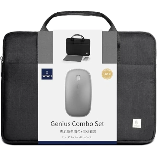 طقم حقيبة وايو Genius للابتوب 14 بوصة مع ماوس لاسلكي 2.4G ولوحة ماوس، جيوب متعددة وخامة مقاومة للماء، تصميم عملي وأنيق، أسود - وي وُو - Image 3