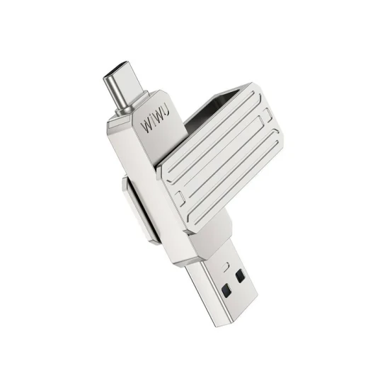 فلاشة وايو WiWU Wi-FD001 سعة 64 جيجابايت، USB 3.0 ثلاثية المنافذ USB-C وUSB وLightning، دوران 360 درجة، نقل بيانات سريع، فضي - وي وُو - Image 2