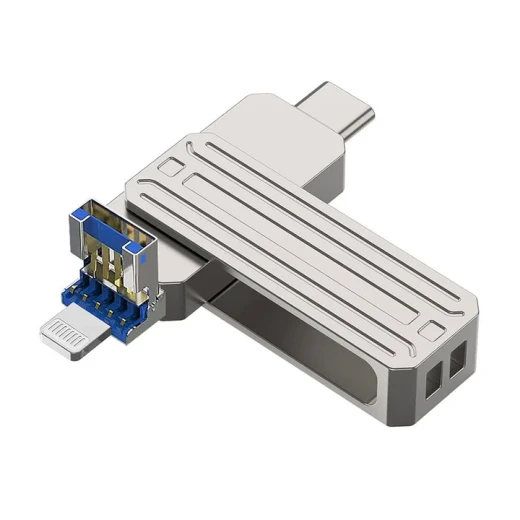 فلاشة وايو WiWU Wi-FD001 سعة 64 جيجابايت، USB 3.0 ثلاثية المنافذ USB-C وUSB وLightning، دوران 360 درجة، نقل بيانات سريع، فضي - وي وُو - Image 3
