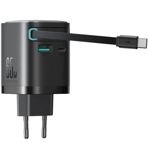 شاحن Joyroom JR-TCL02 GaN بقدرة 65W مع منفذي USB-C وUSB-A وكابل USB-C مدمج للشحن السريع للهواتف والأجهزة واللابتوب، أسود - جوي روم - Image 2