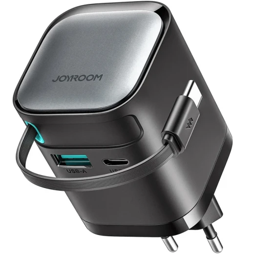 شاحن Joyroom JR-TCL02 GaN بقدرة 65W مع منفذي USB-C وUSB-A وكابل USB-C مدمج للشحن السريع للهواتف والأجهزة واللابتوب، أسود شاحن Joyroom JR-TCL02 GaN بقدرة 65W مع منفذي USB-C وUSB-A وكابل USB-C مدمج للشحن السريع للهواتف والأجهزة واللابتوب، أسود