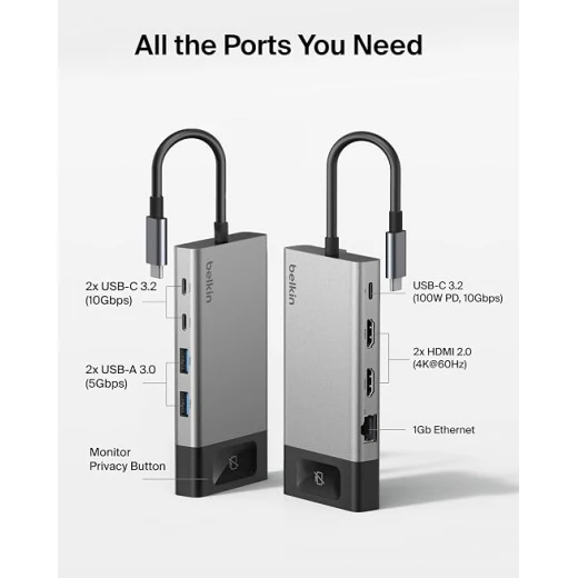 Belkin USB-C Hub 8-in-1، محطة توصيل متعددة المنافذ بقدرة 100W، دعم شاشتين بدقة 4K@60Hz، نقل بيانات 10Gbps، HDMI، Ethernet وUSB - بيلكين - Image 3