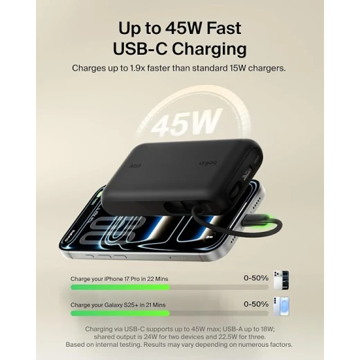 Belkin UltraCharge باور بانك 10000mAh بقوة 45W، كابل USB-C مدمج، شاشة رقمية، شحن 3 أجهزة معًا، USB-C وUSB-A، تصميم محمول أسود - بيلكين - Image 2