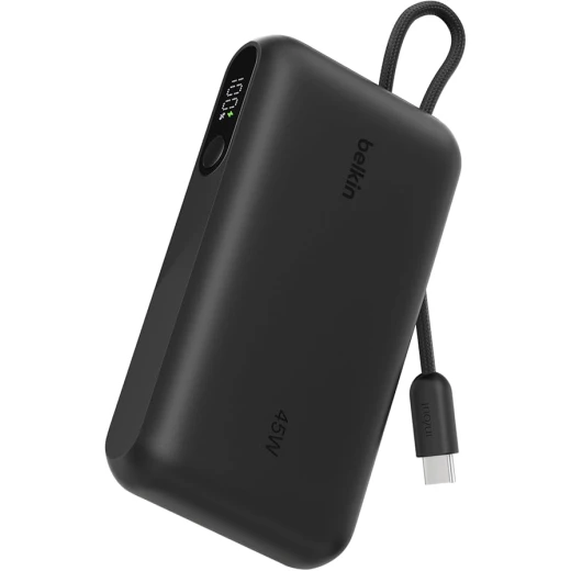 Belkin UltraCharge باور بانك 10000mAh بقوة 45W، كابل USB-C مدمج، شاشة رقمية، شحن 3 أجهزة معًا، USB-C وUSB-A، تصميم محمول أسود Belkin UltraCharge باور بانك 10000mAh بقوة 45W، كابل USB-C مدمج، شاشة رقمية، شحن 3 أجهزة معًا، USB-C وUSB-A، تصميم محمول أسود