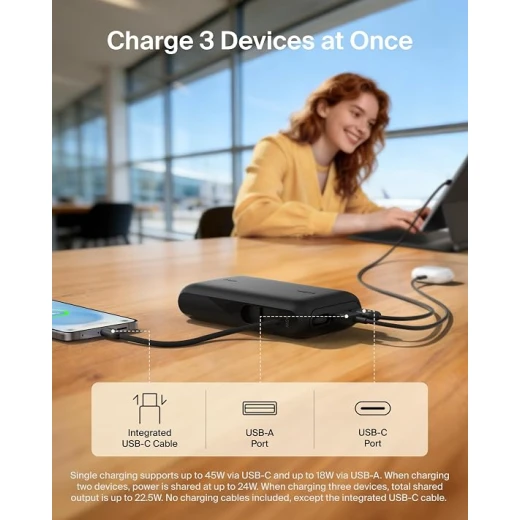 Belkin UltraCharge باور بانك 10000mAh بقوة 45W، كابل USB-C مدمج، شاشة رقمية، شحن 3 أجهزة معًا، USB-C وUSB-A، تصميم محمول أسود - بيلكين - Image 3