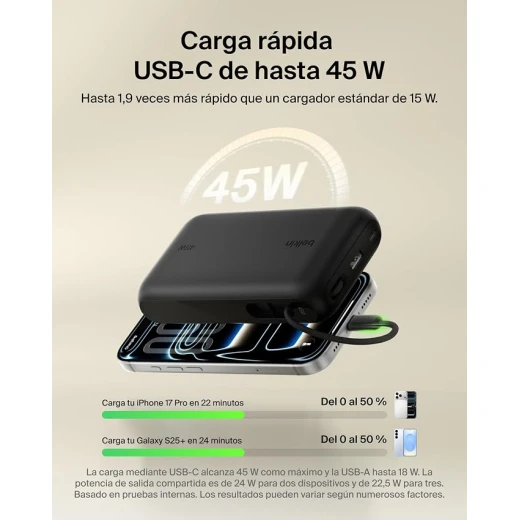Belkin UltraCharge باور بانك 20000mAh بقوة 45W، كابل USB-C مدمج، شاشة رقمية، شحن 3 أجهزة معًا، USB-C وUSB-A، بطارية محمولة للسفر، أسود - بيلكين - Image 3