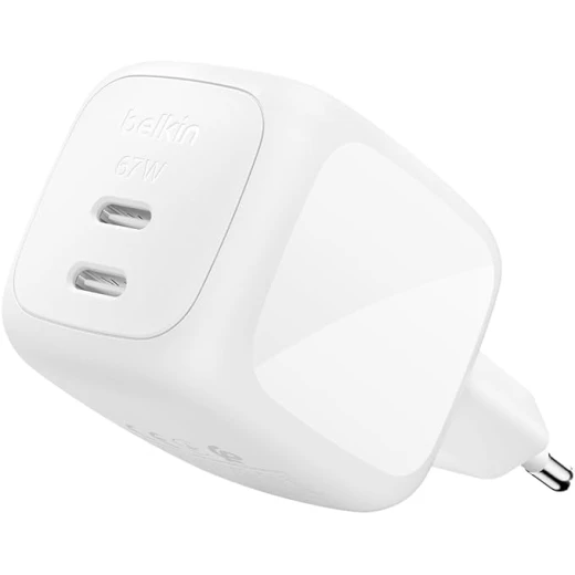 بلكن SmartProtect شاحن جداري USB-C مزدوج بقوة 67 واط، شحن سريع بمنفذين، تقنية GaN وPPS وPD، متوافق مع MacBook وiPhone وiPad وGalaxy وPixel، أبيض