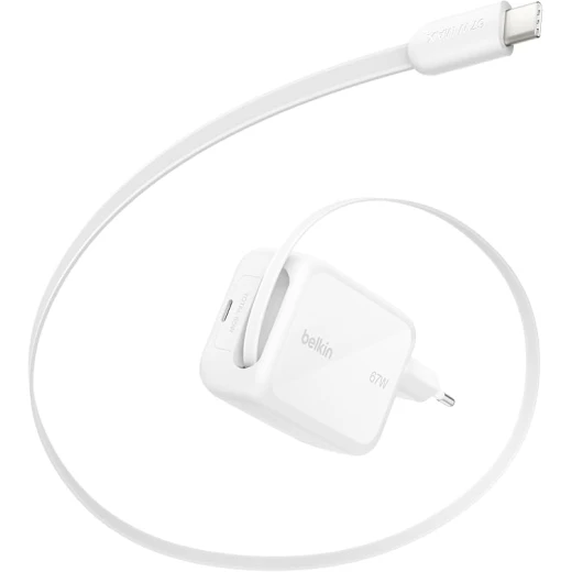 بلكن شاحن GaN USB-C بقوة 67 واط مع كابل USB-C قابل للسحب بطول 1 متر ومنفذ USB-C، شحن سريع لـ iPhone وGalaxy وMacBook وiPad وChromebook