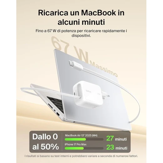 بلكن شاحن GaN USB-C بقوة 67 واط مع كابل USB-C قابل للسحب بطول 1 متر ومنفذ USB-C، شحن سريع لـ iPhone وGalaxy وMacBook وiPad وChromebook - بيلكين - Image 2