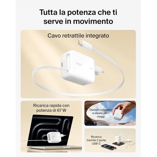 بلكن UltraCharge شاحن USB-C بقوة 45 واط مع كابل USB-C قابل للسحب بطول 0.8 متر ومنفذ USB، شحن سريع لـ iPhone وGalaxy وMacBook وiPad والأجهزة اللوحية - بيلكين - Image 3