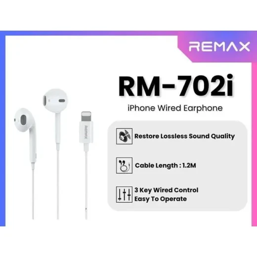 سماعات أذن سلكية REMAX RM-702i باللون الأبيض، سماعات أذن سلكية بصوت واضح، تصميم خفيف ومريح، ميكروفون مدمج للمكالمات، مناسبة للاستخدام اليومي - ريماكس - Image 2