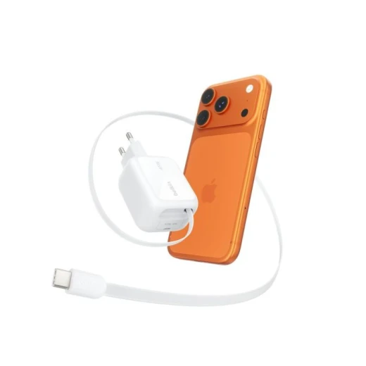 شاحن بلكن BoostCharge Pro مزدوج GaN بقوة 45 واط مع كابل USB-C قابل للسحب 0.8م ومنفذ USB-C إضافي، أبيض، شحن سريع - بيلكين - Image 4