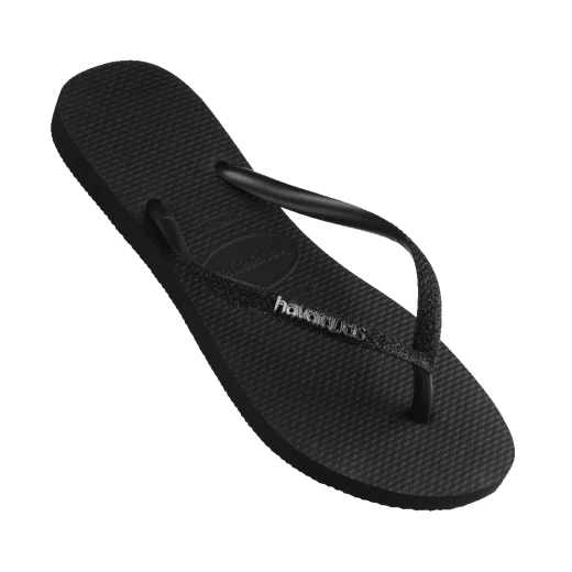 شبشب Havaianas Slim Glitter أسود للنساء، مقاس 37/38، بأشرطة لامعة وشعار معدني أنيق، مصنوع من PVC والمطاط، مفتوح من الأمام، خفيف ومريح - هافياناس - Image 2